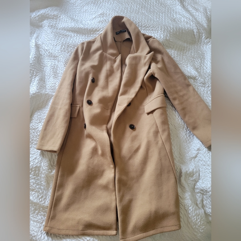 Camel Double Breasted Longline Coat Wool Look S - Picture 3 of 6